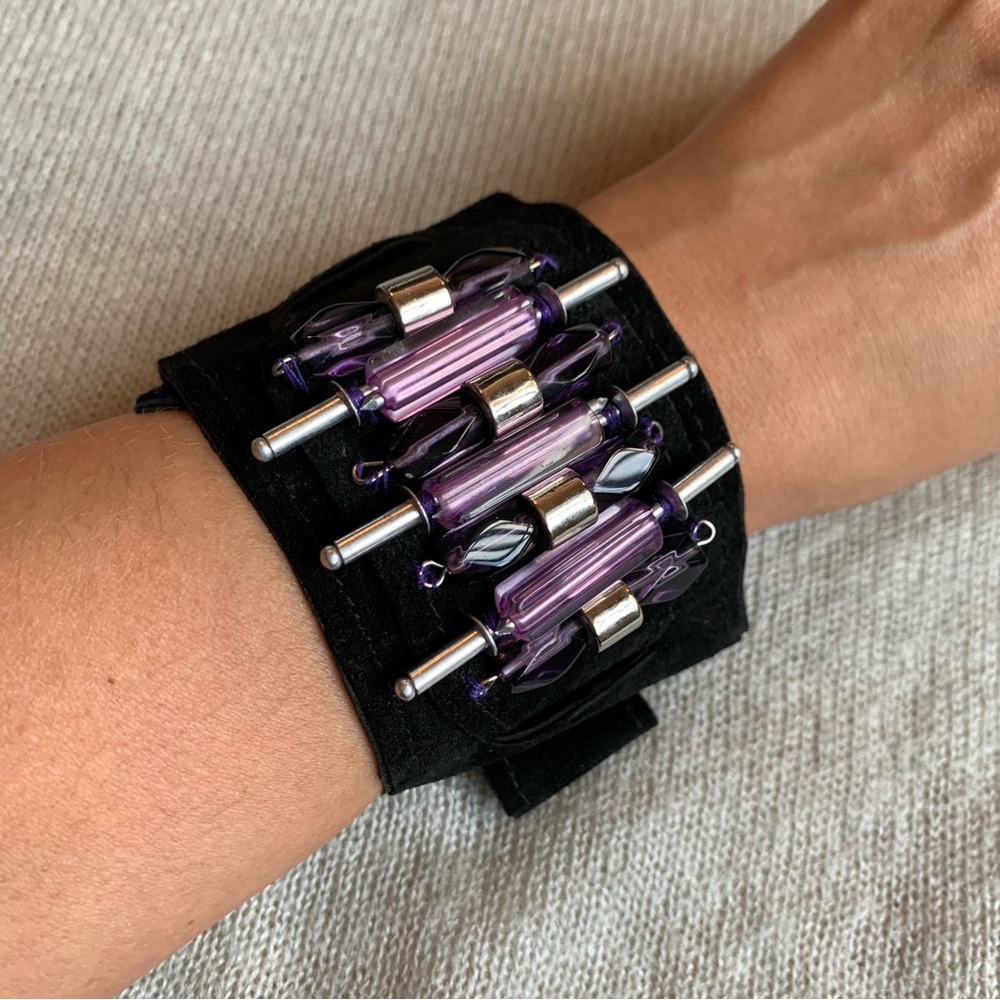 Hand crafted - Black Leather Cuff violet bead metal pieces ajustable bracelet